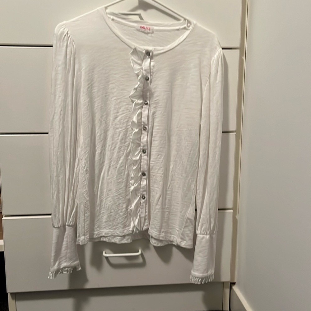 Goldie Women's White Cotton Long Sleeve Ruffled Shirt- size medium